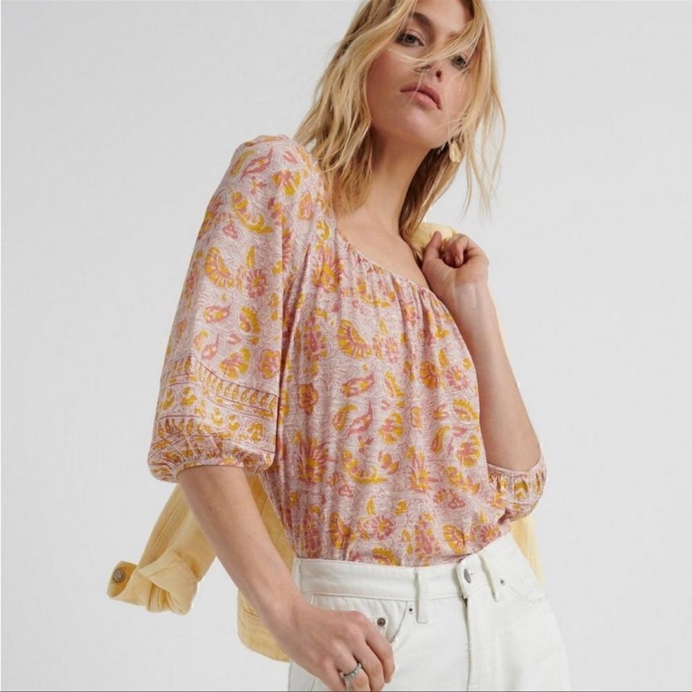 Lucky Brand-Women's Pink & White Floral 3/4 Sleeve Square Neck Blouse, Size L